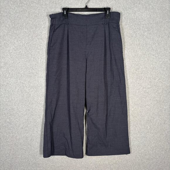 H&M Pleated Pants 14 Navy Wide Leg Crop Pockets Stretch Pull On Academia Comfort - Picture 1 of 12